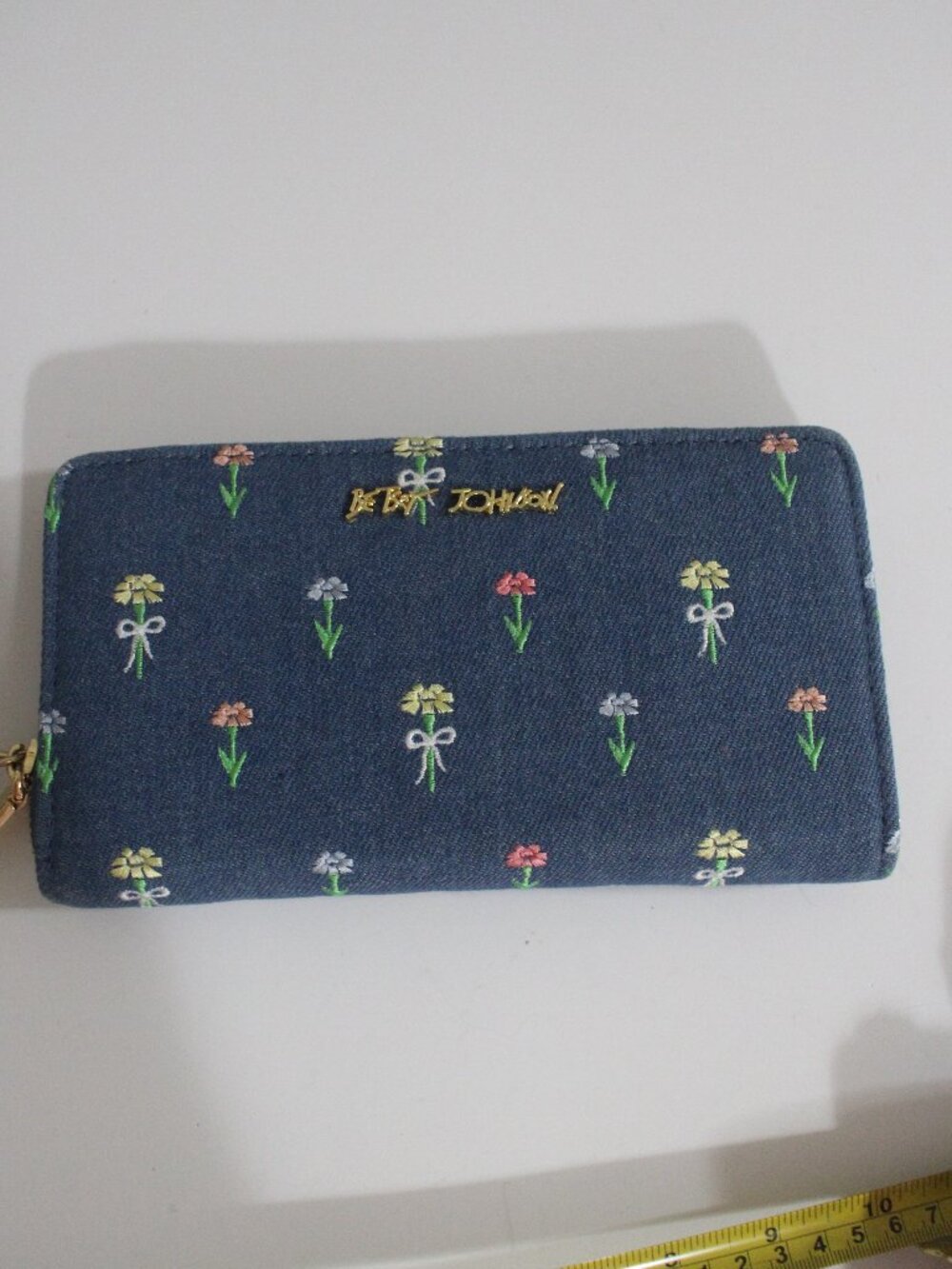 Betsey Johnson Denim Embroidered Floral Zip-Around Wristlet Wallet